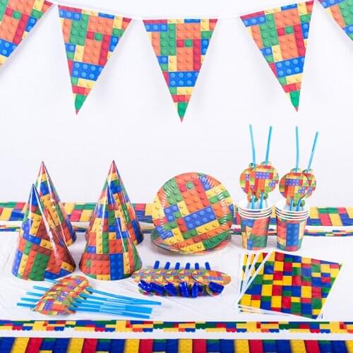 Lego Building Blocks Party Decoration Tableware Set Plates Cups Banner Tablecloth Baby Shower Kids Birthday Party Decor Supplies