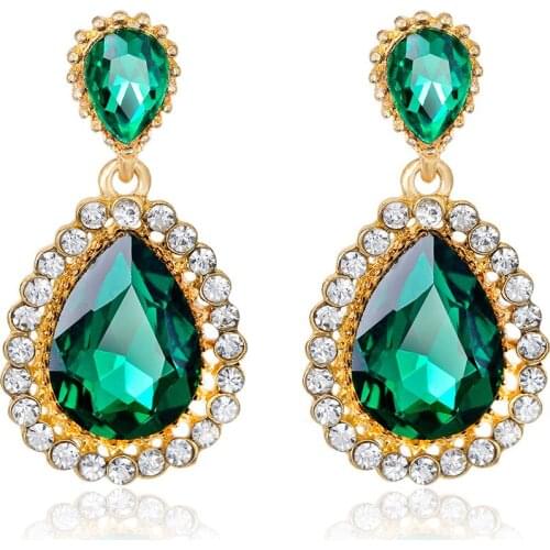 Fashion waterdrop green cubic zirconia stud earrings for women Vintage retro rhinestone crystal earing jewelry accessories