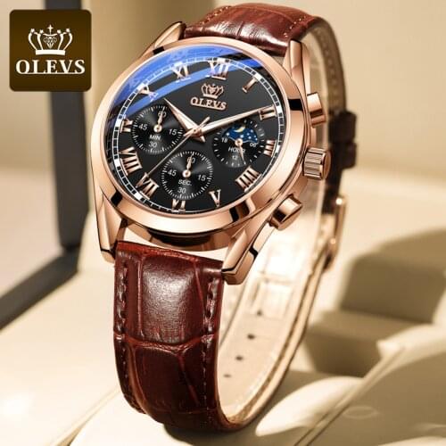 OLEVS brand mens sport watch quartz movement bracelet leather with moonphases male black watch water resistant gift for husband