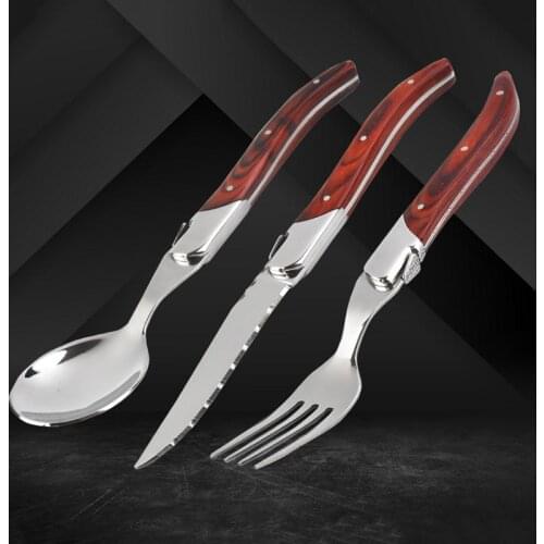 Stainless Steel Steak Knife Dinner Fork Soup Spoon Wood Handle Tableware Set Laguiole Dinner Knives Christmas Cutlery 8.6in 6pcs