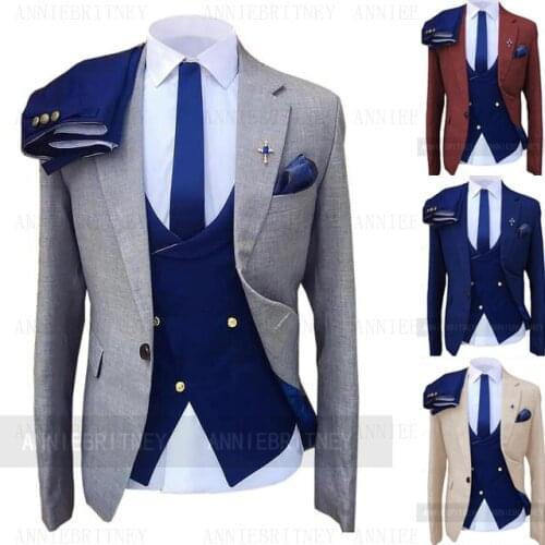 2021 New Fashion Grey Men Wedding Suits One Button Prom Dress Tuxedo for Groom Business Plus Size Jacket Vest Pants 3 Pieces