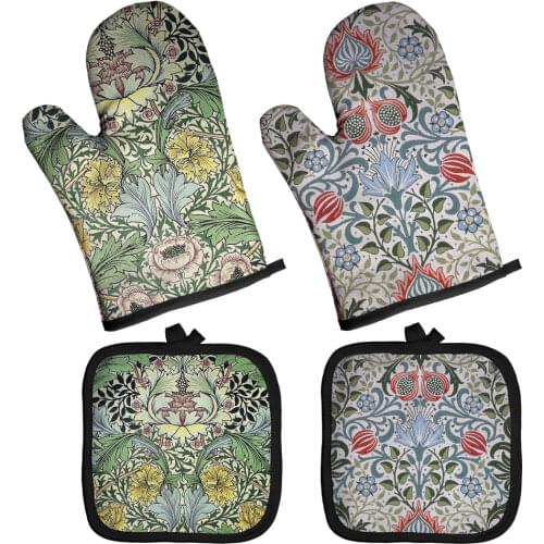 Wholesale Retro Pattern Microwave Glove Potholder Polyester Oven Mitt Insulation Gloves Kitchen Pad Baking BBQ Gloves Home Decor