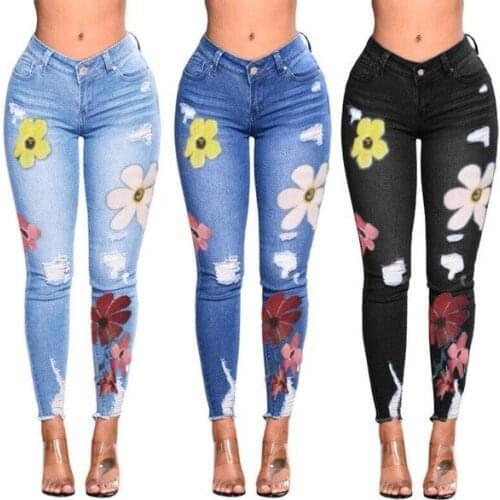 Autumn Women Ripped Jeans Fashion Flowers Print Skinny Black Jeans Woman Casual Slim Distressed Jeans Calcas Feminina De Jeans