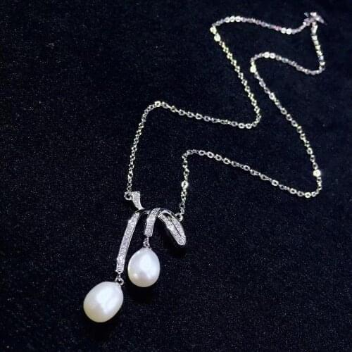 Natural fresh water pearl pendant necklace 925 sterling silver with cubic zircon bowknot ribbon style fashion daily use