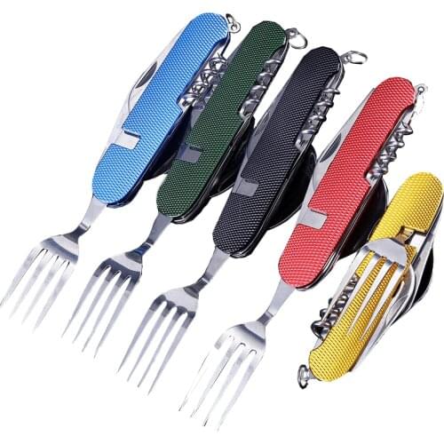 Utensil tableware bottle cutlery flatware multitool multi tool Picnic camp spoon knife can opener Portable fold Spork fork