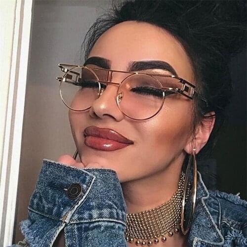 Retro Punk Designer Oversized Sunglasses For Men Clear Lens Alloy Gothic Steampunk Sunglasses Mirror Round Vintage Eyewear UV400