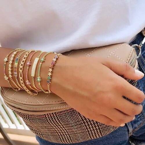 Rainbow cz cuban link chain Bracelet for women gold color colourful star charm delicate fashion elegance Christmas gift jewelry