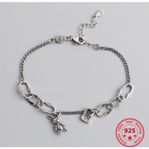 Korean Version Of 925 Sterling Silver Bracelet Retro Style Square Letter Card Exquisite Cartoon Bunny Asymmetric Female Chain