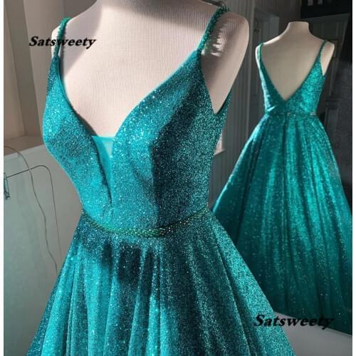 Elegant Turquoise Prom Dresses Long Robe De Soiree A-Line sequined Dubai Sexy High Slit Formal Evening Dress Party