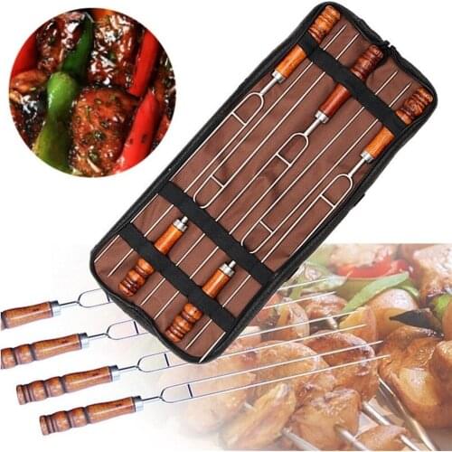 5Pcs Outdoor BBQ Forks Stainless Steel Wood Handle Meat Skewer Tool with Bag for Camping Barbecue Picnic