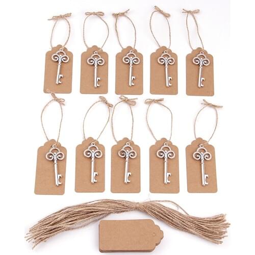 50pcs/lot Creative Portable Silver Key Shaped Beer Bottlee Opener with Personalized Name or Thank You Paper Tags Wedding Favors