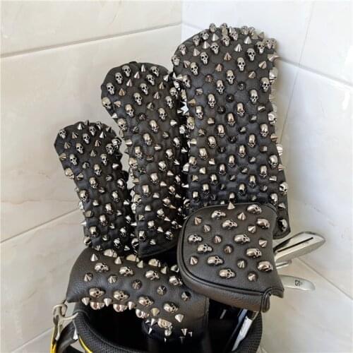 BLACK SKULL NAILS golf driver headcover BLACK PU leather golf club fw ut woods putter cover for man women