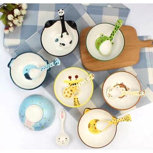 Children Bowl Korean посуда Cute Cartoon Hand Painted Under Glaze Colored Animals 5 Inch Ceramic Bowl Spoon Set чаша для кальяна