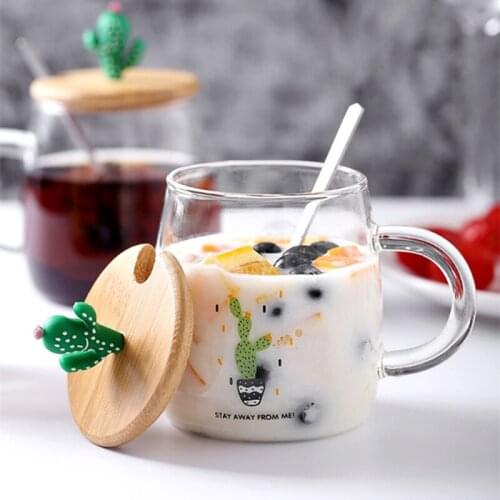 Creative Cactus Tea Mug with Wooden Lid and Spoon Borosilicate Glass Coffee Mug 450ml Clear Drinking Cup for Fruit Juice, milk
