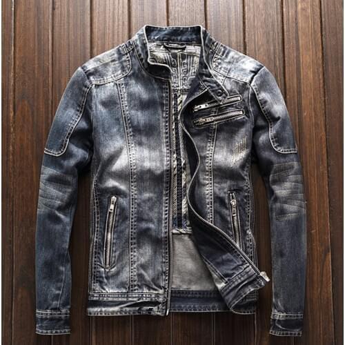 European and American spring wear mens jeans jacket casual retro slightly fat large size stand-up collar zipper jacket cycling