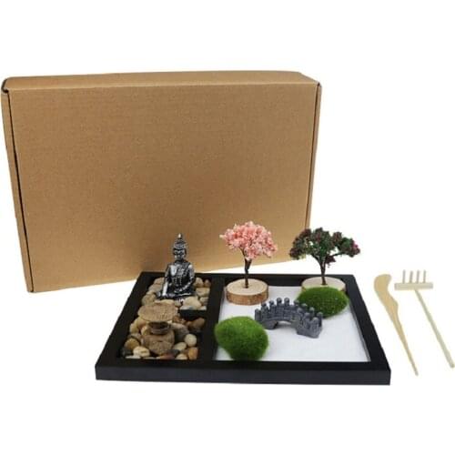 Mini Zen Garden Office Decor Feng Shui Resin Figurine Relax Buddhism Trees Sand Table Home Decor
