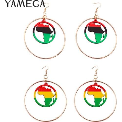 Trendy Big Gold Hoop Earrings Fashion Jewelry Unique Gold Statement Bohemian Hoops Drop African Map Wooden Earrings For Women