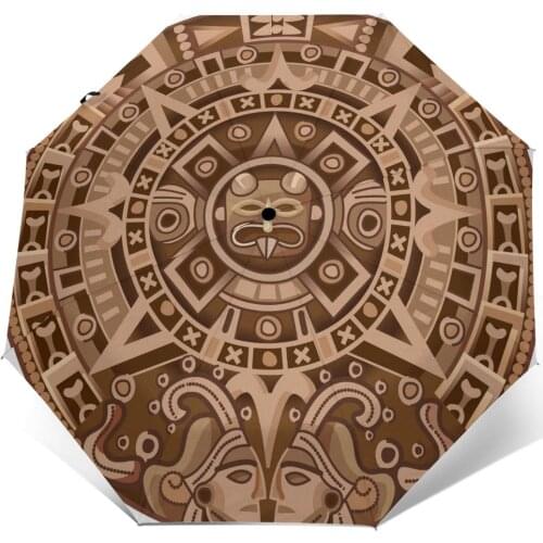 Cartoon Mayan Calendar Windproof Automatic Folding Inverted Umbrella Portable Paraguas for Man Woman