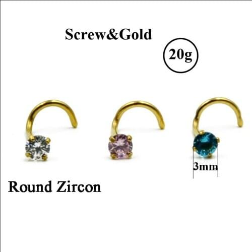 Lot of 3pcs Prong Set 3mm Round Zircon Gem Twist Curve Screw Nose Nostril Piercing Ring Nose Stud Body Jewelry 20g