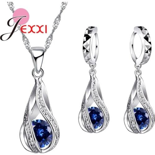 8 Colors Best Gift for Women Girls Friends 925 Sterling Silver Jewelry Set CZ Cubic Zircon Water Drop Necklace Dangle Earrings
