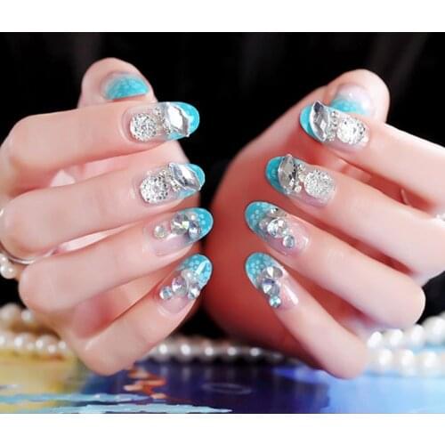 Women Trendy False Nails 3D Shining Rhinestone Blue Color Fake Nail Bride Full Cover Fashion Nail Art Tips with Glue 24pcs/set
