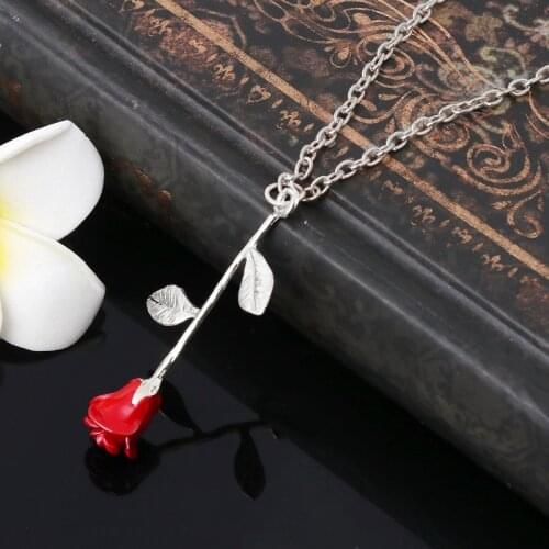 40GB Beauty and Beast Golden Filled 3D Red Rose Pendant Necklaces For Women Jewelry