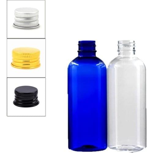 100ml empty Plastic Bottles, blue/clear PET bottle with gold/silver Lined Aluminum Silver Lid X5