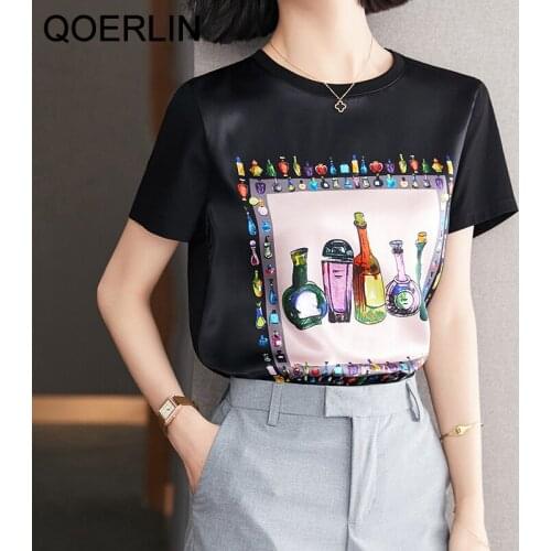 QOERLIN Summer Women T-Shirts Plus Size Black Basic Tops French High-End Printed White T-shirt Female Loose Casual Chiffon Tees