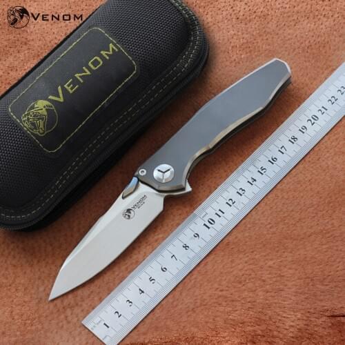 VENOM 4 Wing Kevin John S35VN SOLID Titanium handle Flipper folding knife ceramic ball bearing camping hunting knives EDC tools