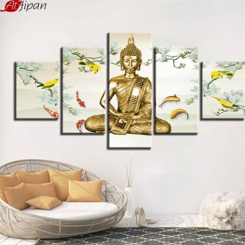 Modern Decor Living Room Wall Art Frame 5 Pieces Buddha And Fish White Flowers Paintings Poster Modular Pictures Canvas HD Print