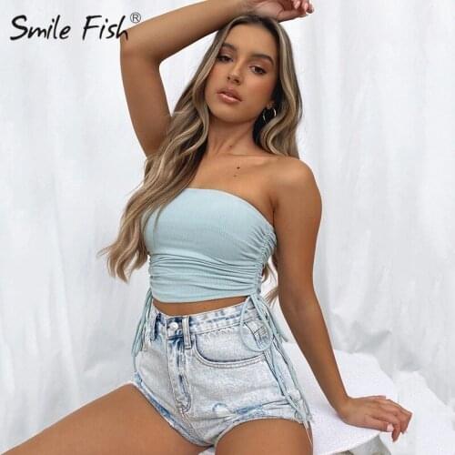 Sexy Crop Vest with Drawstring Solid Female Off Shoulder Black Ladies Stretch Top Strapless New Summer Tank Tops Women M0468