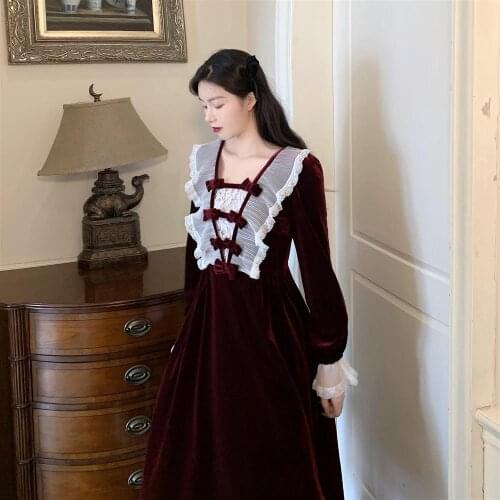 Spring Fall Vintage Red Wine Velvet Patchwork Mesh V-neck Mid-calf Lace Long Sleeve Evening Party Long Women Vestidos