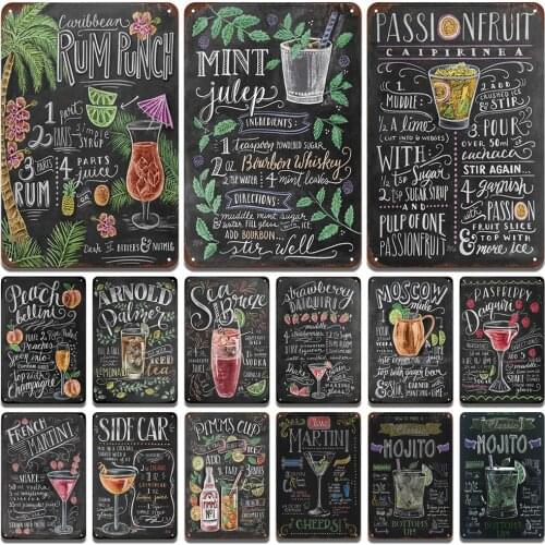 30*20cm Vintage Metal Posters Martini Mojito Cocktail Peaches Strawberries Lemon Juice Tin Signs Plaques Bar Club Kitchen Decor