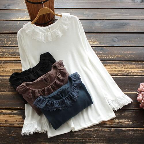 8434 New Spring Women Long T-shirt Japan Style Literary Ruffle Sleeves Lace Solid Color T-shirt Women