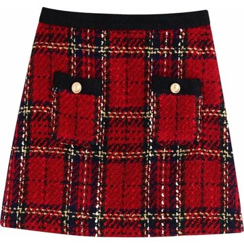 Evfer Chic Lady Stylish Double Pockets Za Plaid Suit Mini Skirts Women New Spring Autumn Fashion High Waist Red Short Skirt