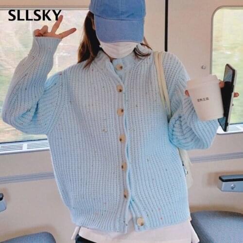SLLSKY Fashion O-neck Sweater Women Long Sleeve Female Cardigans 2021 Autumn Winter New Single Breasted Knitted Ladies Sweater