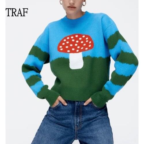 TRAF Za 2021 Vintage Knitted Sweater Women Oversized Pullovers Women O Neck Loose Long Sleeve Jacquard Autumn Woman Clothing Top