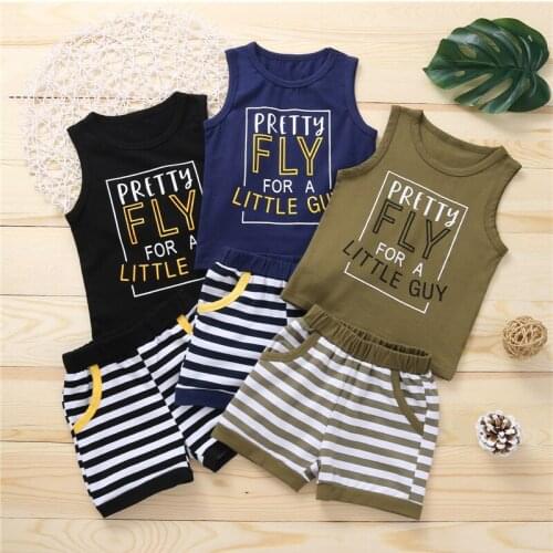 2Pcs Baby Boy Summer Outfits Cute Letter Print Sleeveless Tops + Striped Shorts Set