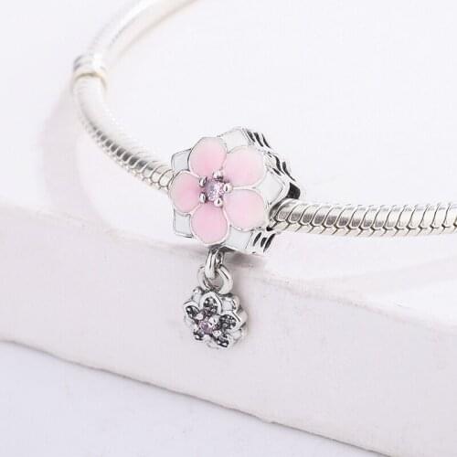 925 Sterling Silver Charm CZ Pink Magnolia Flowers With Diamond Beading Charm Bracelet DIY Jewelry Making For Pandora