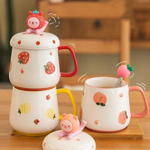 Lovely Rabbit / Bear / Pig Ceramic Mugs Summer Girls Cute Fruit Cup With Lids Spoon Home Water Cup Breakfast Oat Tea Coffee Cup
