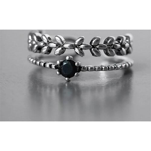 Hot black crystal branch leaves plant luxury ring Tibetan sliver vintage bridal set party adjustable rings women ladies JZ716