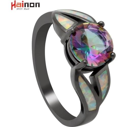 Black Gun Plated Rainbow Cubic Zirconia Fire Opal Rings for women Hot Sale Fashion Jewelry Unique Party Cocktail Ring