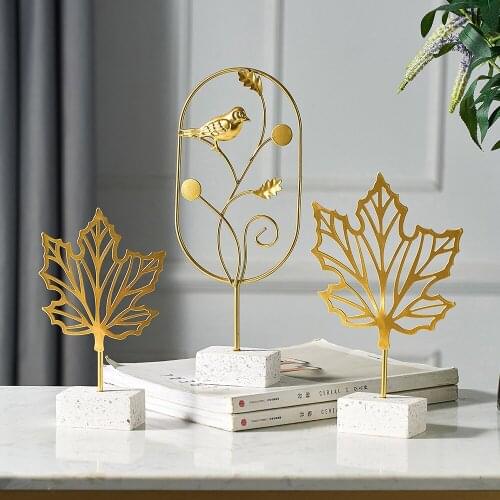Creative Gold Leaf Home Decoration Accessories For Living Room Modern Flowers Miniature Metal Figurines Wooden Office Desk Decor