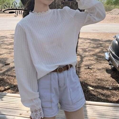 Lace Shirt for Women 2021 White Blouse Women Cotton Striped Shirt Lady Tops Autumn Casual Long Sleeve Korean Pullover 10912