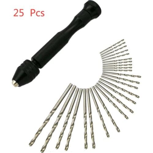 25pcs Mini Micro-Drill Hss Twist Drill Bits Set W/ Aluminum Hand Drill Keyless Chuck For Electronics Crafts Jewelry Watch Making