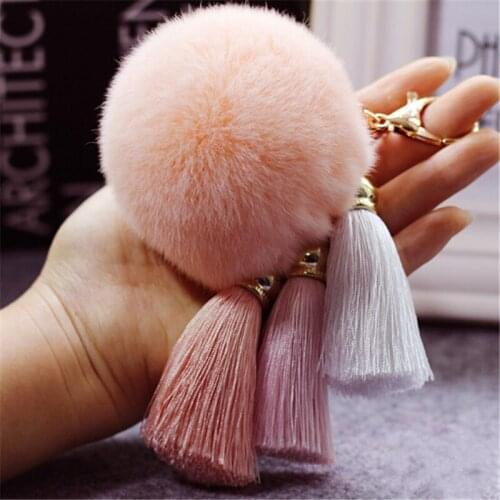 Fashion 8cm Big Hair Ball Pompom Women Tassel Keychain Rabbit Fur Cony Charm Car Handbag Key Ring Car key chain pendant Gift