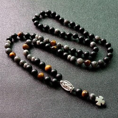 Black Stones Bead Tigers eye with Retro Gothic Cross Pendant Necklace Punk Mens Necklace