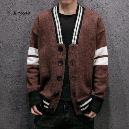 Winter New Mens Sweater Cardigan Stripe V-Neck Harajuku Mens Jacket Apparel Xl Mens Knitted Sweater