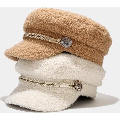 Autumn Winter Military Cap Women Fashion Lambswool Newsboy Cap Ladies Casual Keep Warm Flat Top Hat Female