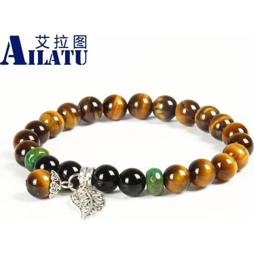 Ailatu Unisex Couples Jewelry Wholesale 10pcs/lot 8mm Tiger Eye Stone Fruit Leaf Distance Lovers Lucky Bracelets